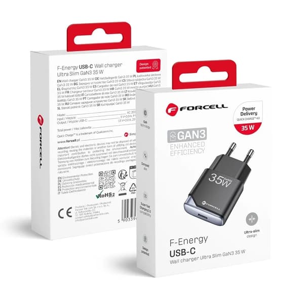 Forcell Hurtigoplader USB C 35W GaN III PD 3A F-Energi - Sort Svart