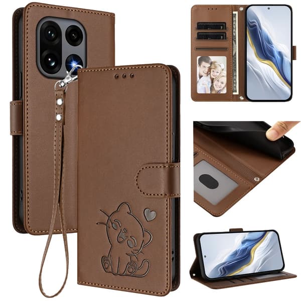OnePlus 15 5G Konstläder Plånboksfodral Love Cat Pattern Imprint Brun