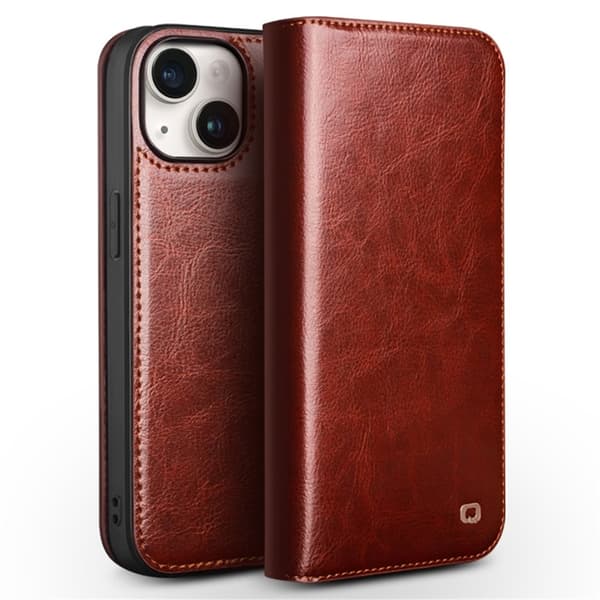 QIALINO iPhone 15 Plus Plånboksfodral Äkta Läder Cowhide Brun