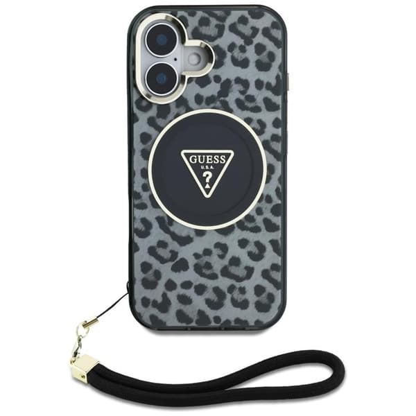 Guess telefontaske til iPhone 16 MagSafe IML Leopard trekantsrem - sort Black
