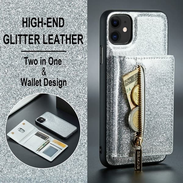 DG.MING M3 Series iPhone 11 Konstläder Plånboksfodral 2-i-1 Med Ställ Silver