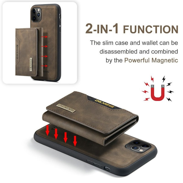 DG.MING 2-i-1 Konstläder Plånboksfodral för iPhone 11 Pro Max - Brun