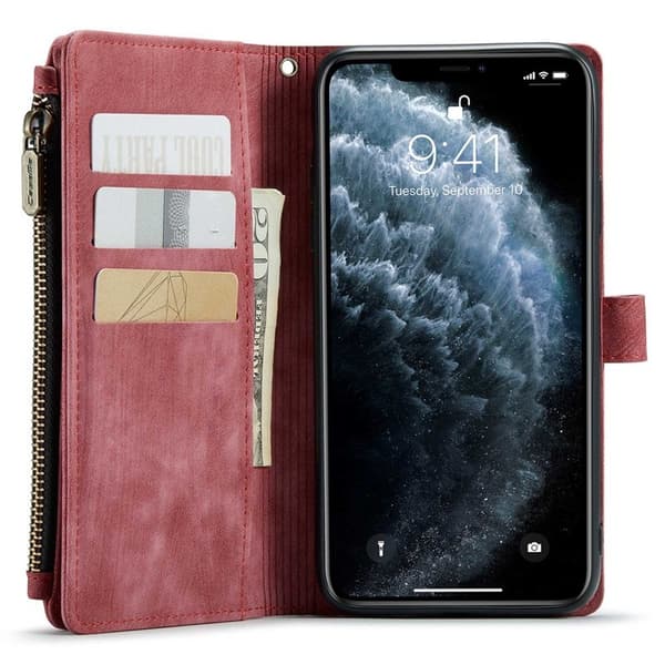 CASEME Konstläder Plånboksfodral för iPhone 11 Pro Max med Rem - Röd