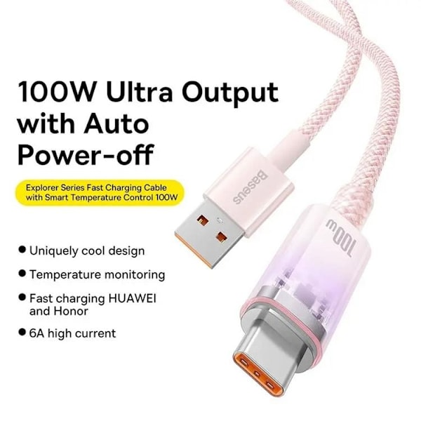 Baseus USB-C till USB-A kabel 2m 100W - Rosa