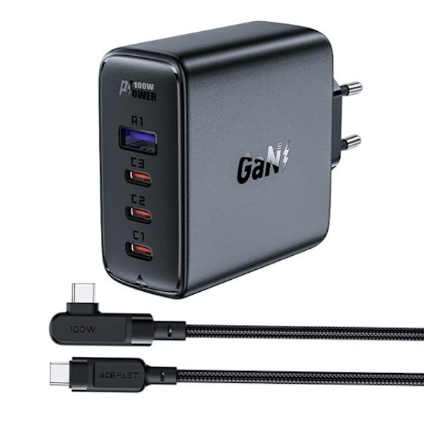 Acefast GaN Laddare Fast med Kabel USB-C - Svart Svart