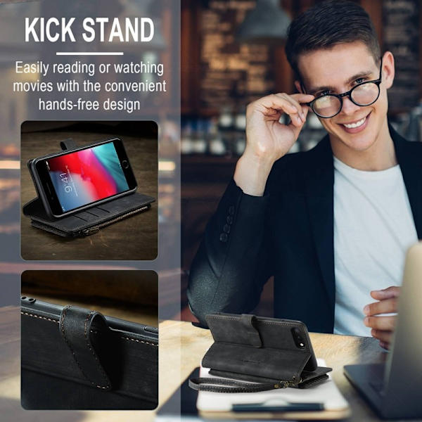 CASEME Konstläder Plånboksfodral för iPhone 6 Plus/6s Plus/7 Plus/8 Plus - Svart