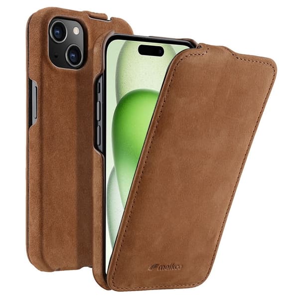 MELKCO Mobilskal till iPhone 15 Plus Vertikalt Flip Äkta Läder + PC Brun
