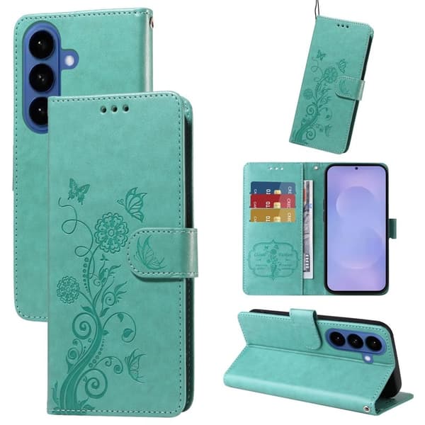 Samsung Galaxy S26 Plus Plånboksfodral Konstläder Blomtryck Ställ - Grön