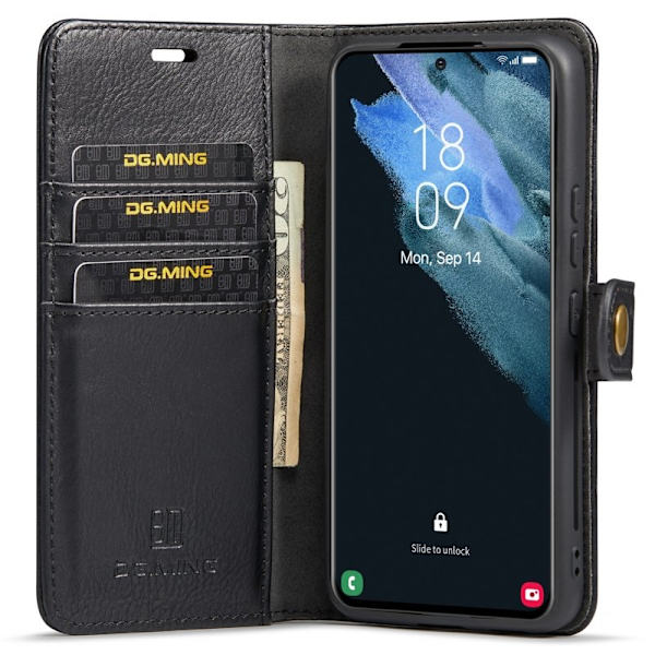DG.MING Split Leather Äkta Läder Plånboksfodral för Samsung Galaxy S22+ - Svart