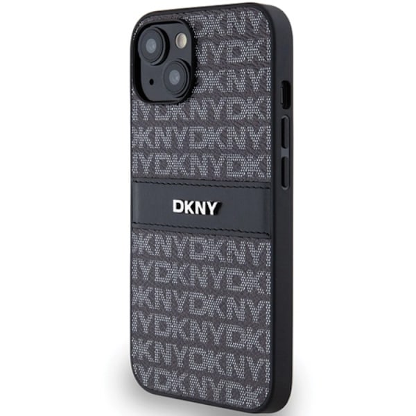 DKNY iPhone 15/14 Plus Mobilskal Läder Mono Stripe & Metal Logo Svart
