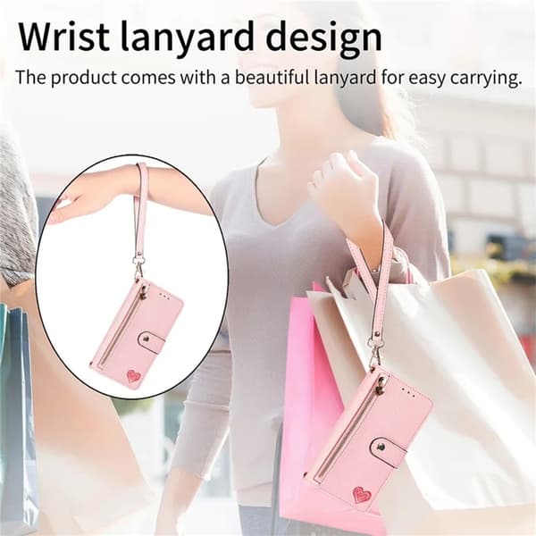 iPhone 17 Pro Max Konstläder Plånboksfodral RFID-Skydd Zipper med rem - Rosa Rosa
