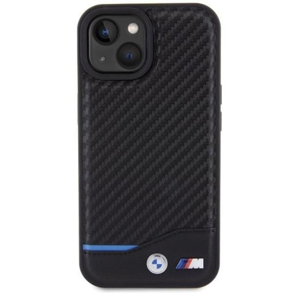 BMW iPhone 15 Plus matkapuhelimen suojakuori, nahkainen hiili - musta