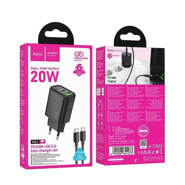 HOCO Väggladdare USB/USB-C 20W USB-C/Lightning Kabel PD QC N61