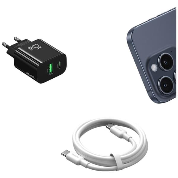 USAMS Snabbladdare 25W 1xUSB-C 1xUSB-A CC315 - Svart Svart