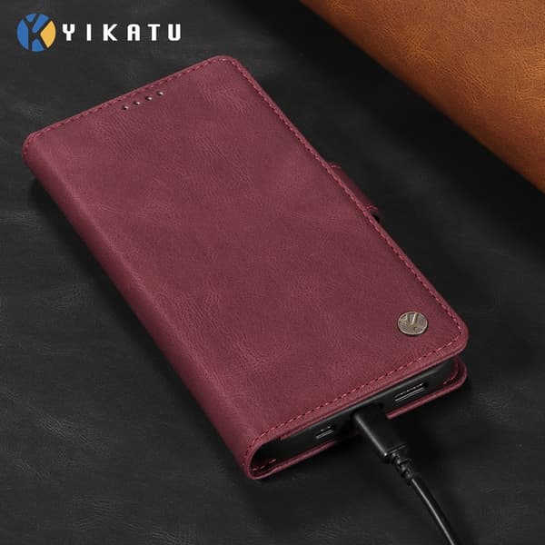 YIKATU OnePlus 15 Konstläder Plånboksfodral Skin-touch Feeling Vinröd
