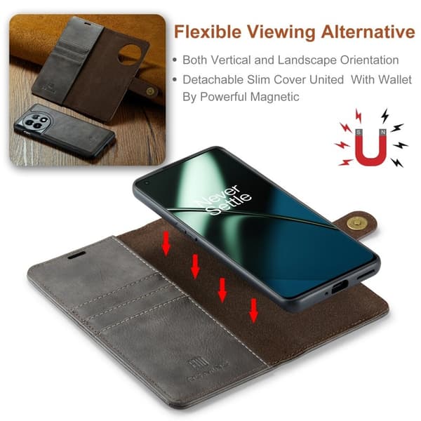 DG.MING OnePlus 11 5G Äkta Läder Plånboksfodral Detachable Magnetisk Grå