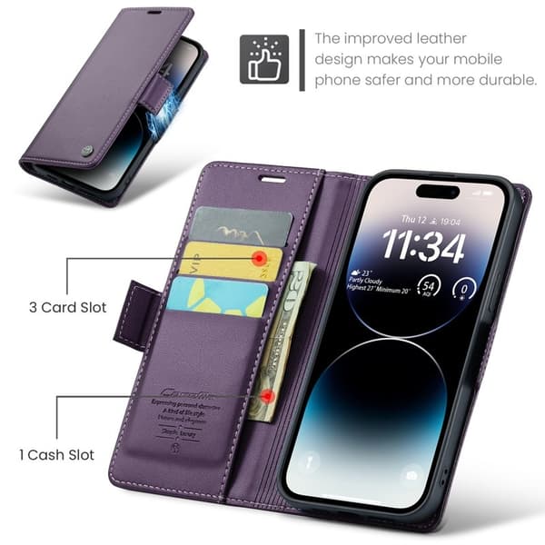 CASEME iPhone 15 Pro Plånboksfodral Konstläder RFID-Skydd Lila