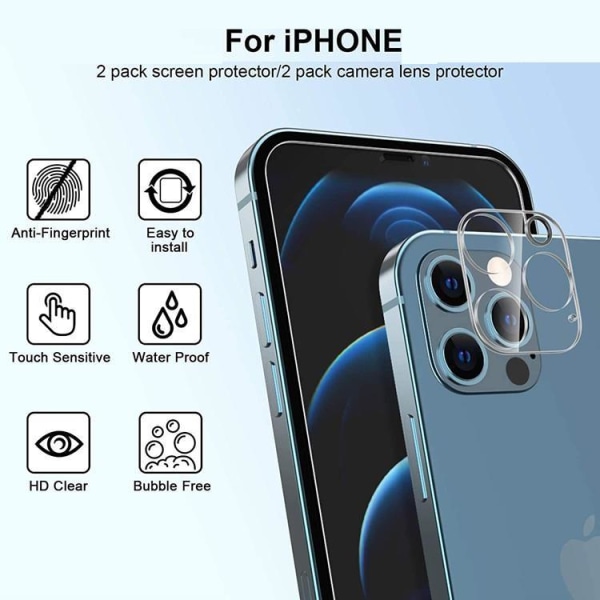 [4-PACK] 2 kameralinsecover i hærdet glas og 2 iPhone i hærdet glas