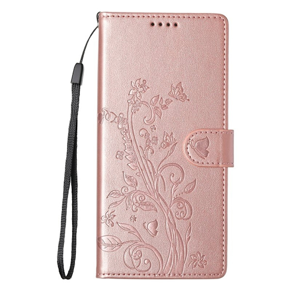 Samsung Galaxy S26 Plus Plånboksfodral Konstläder Blomtryck - Roséguld