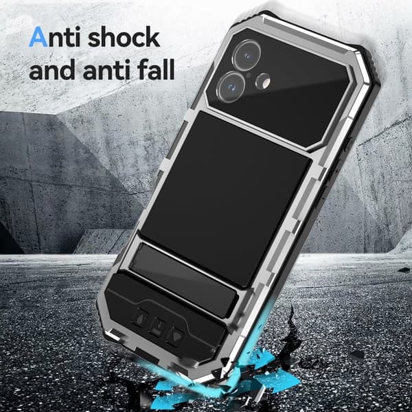 R-JUST Mobilskal till iPhone 16 Plus PC+Silicone+Metal Ställ Silver