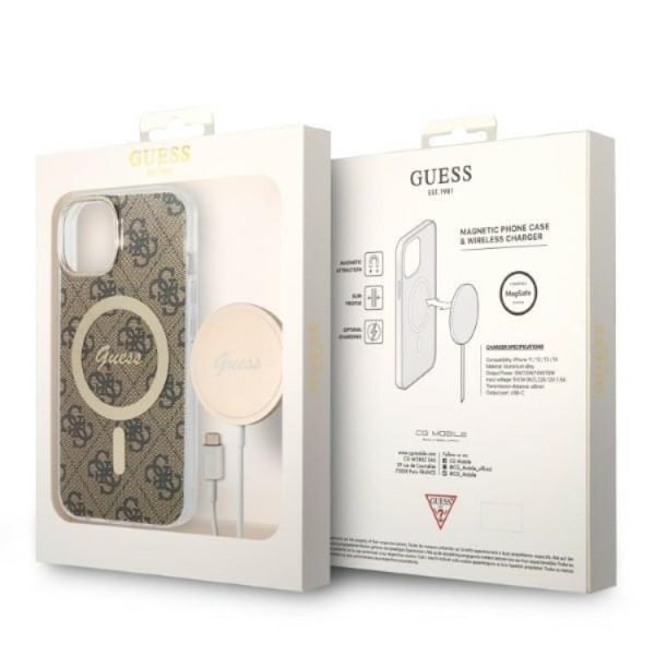GUESS iPhone 14 Plus Magsafe Skal Print + Trådlös Laddare - Brun