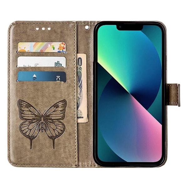 iPhone 14 Pro Plånboksfodral Butterfly Flower Imprinted - Grå