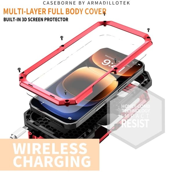 R-JUST Mobilskal till iPhone 16 Pro Kickstand Silicone+Metal+PC Röd