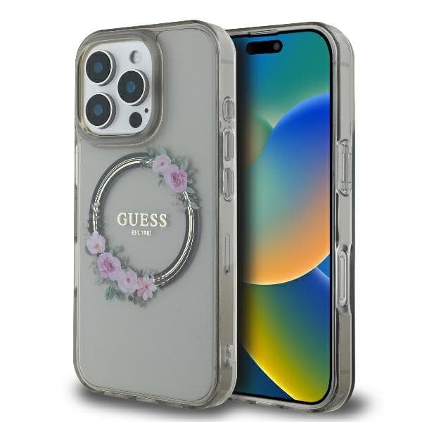 Guess telefontaske til iPhone 16 Pro Max MagSafe IML Blomsterkrans - Sort Black