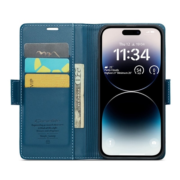CASEME iPhone 14 Pro Plånboksfodral Konstläder RFID-Skydd Blå