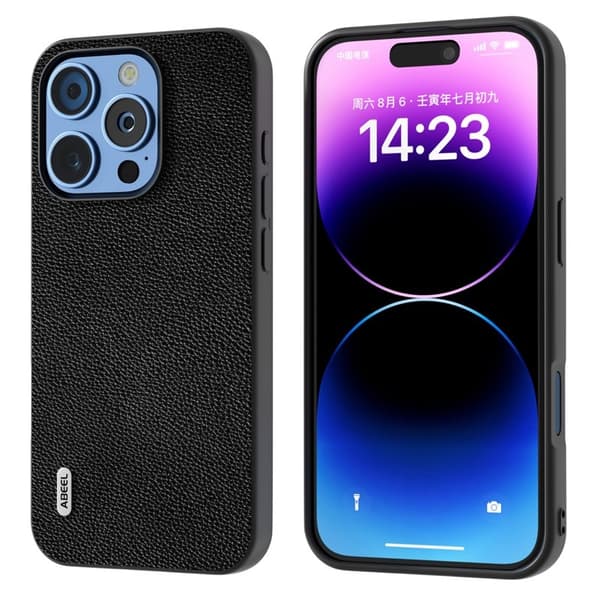 ABEEL Mobilskal till iPhone 16 Pro Max Litchi Textur Äkta Läder Svart