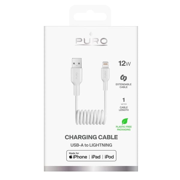 Puro USB-A - Lightning 12W Kabel 1m Spiral - Hvid Vit