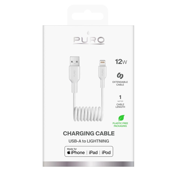 Puro USB-A - Lightning 12W Kabel 1m Spiral - Vit Vit
