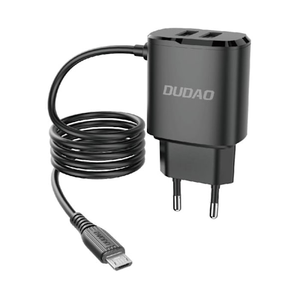 Dudao 2x USB vægoplader med indbygget micro USB 12 W Kabel Sort Black