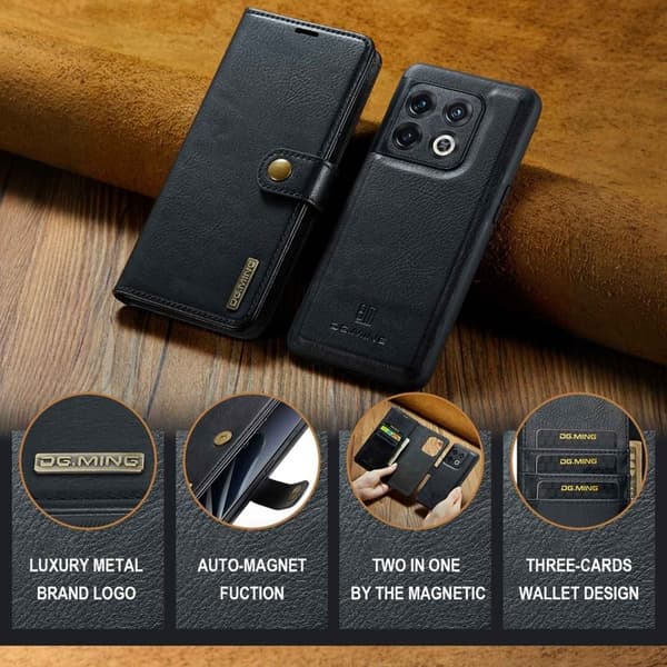 DG.MING OnePlus 10 Pro 5G Plånboksfodral Äkta Läder Stötsäker Svart