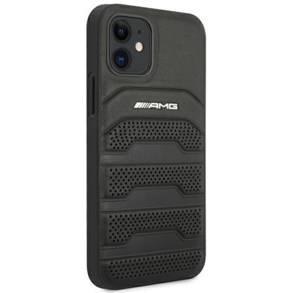 AMG Ægte Læder Debossed Lines Cover iPhone 12 Mini - Sort Black