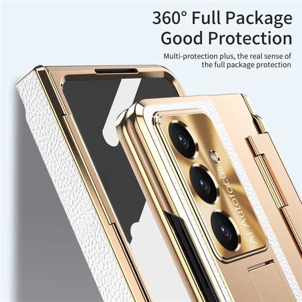 Mobilskal till Galaxy Z Fold7 5G läder + PC Kickstand - Guld+Vit Guld