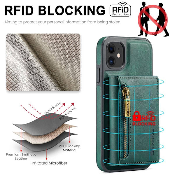 DG.MING iPhone 11 Konstläder Plånboksfodral med kortfickor - Grön