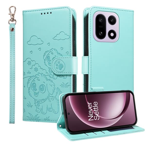 OnePlus 15 Konstläder Plånboksfodral RFID-Skydd Imprinted Dog Pattern Grön