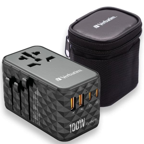 Verbatim Rejseoplader GaN 100W PD 2xUSB-C 2xUSB-A EU/UK/USA - Sort Svart
