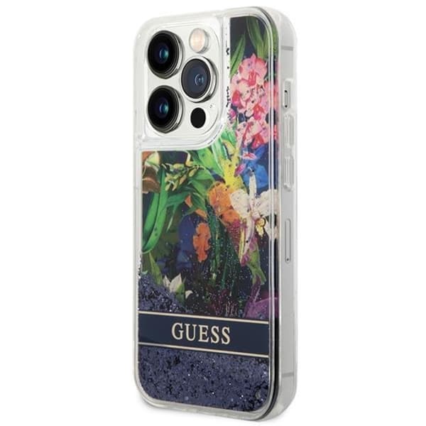 GUESS iPhone 14 Pro Max Skal Flower Liquid Glitter - Blå Blå