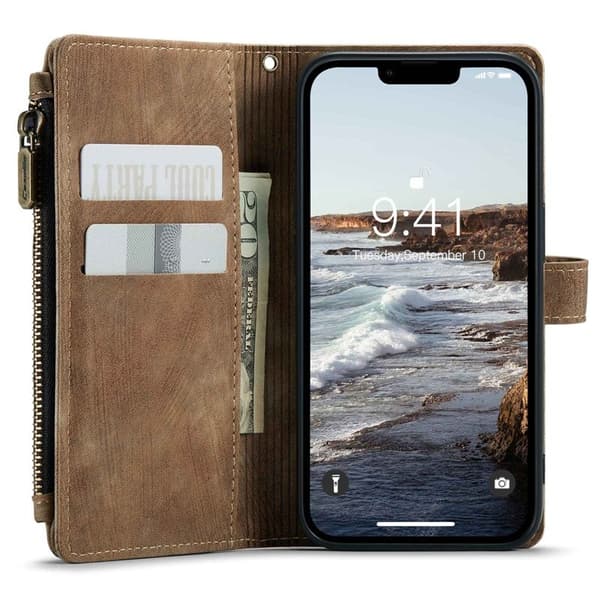 CASEME C30 Plånboksfodral för iPhone 14 6.1 tum, Brun Konstläder