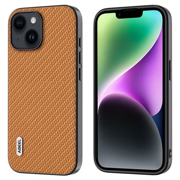ABEEL Mobilskal till iPhone 14 Plus Carbon Fiber Läder - Ljusbrun
