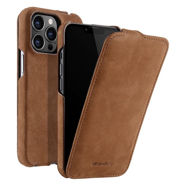 MELKCO Mobilskal till iPhone 13 Pro Max Äkta Läder + PC Vertikal Flip - Brun