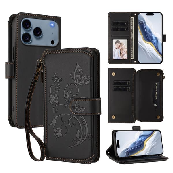 iPhone 17 Pro Max Plånboksfodral Butterfly Floral Imprint - Svart Svart