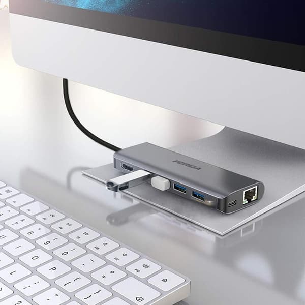 SiGN 7-i-1 USB-C-hub HDMI RJ45 USB-C, maks. 100W - Grå Grå