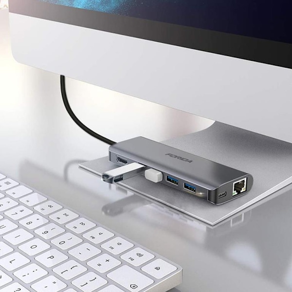 SiGN 7-i-1 USB-C-hub HDMI RJ45 USB-C, max 100W - Grå