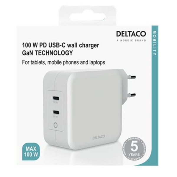 Deltaco - Usb-C seinälaturi kahdella USB-C 100 W -valkoisella White