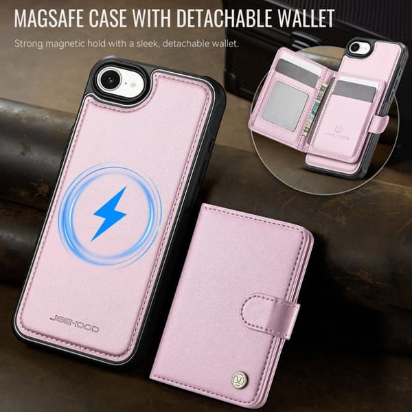 JEEHOOD J09 Mobilskal till iPhone 16e RFID Skydd Läder MagSafe - Rosa