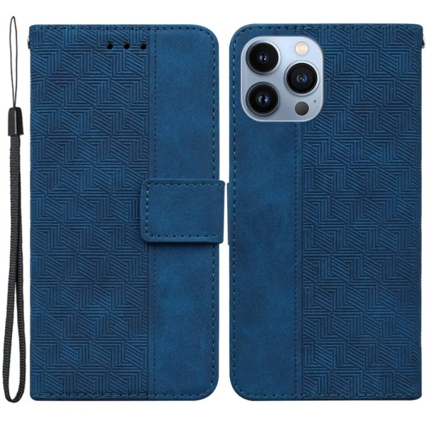 Geometrinen iPhone 15 Pro -lompakkokotelo hihnalla - sininen