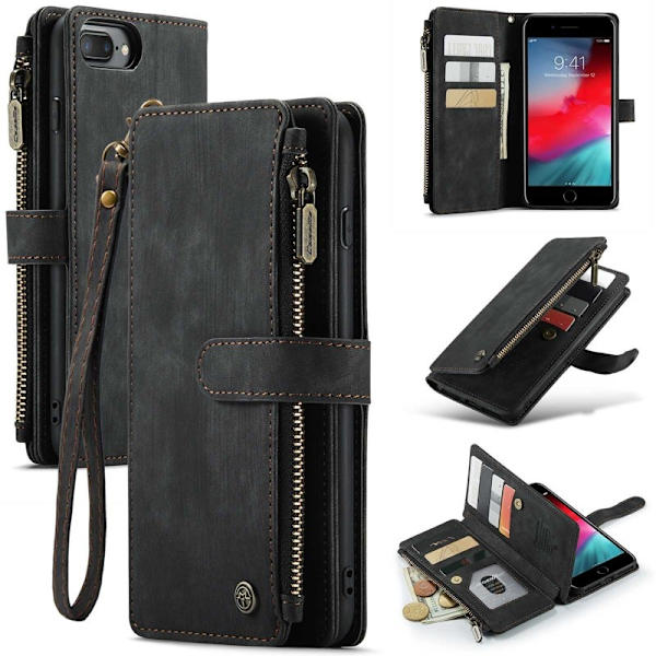 CASEME Konstläder Plånboksfodral för iPhone 6 Plus/6s Plus/7 Plus/8 Plus - Svart